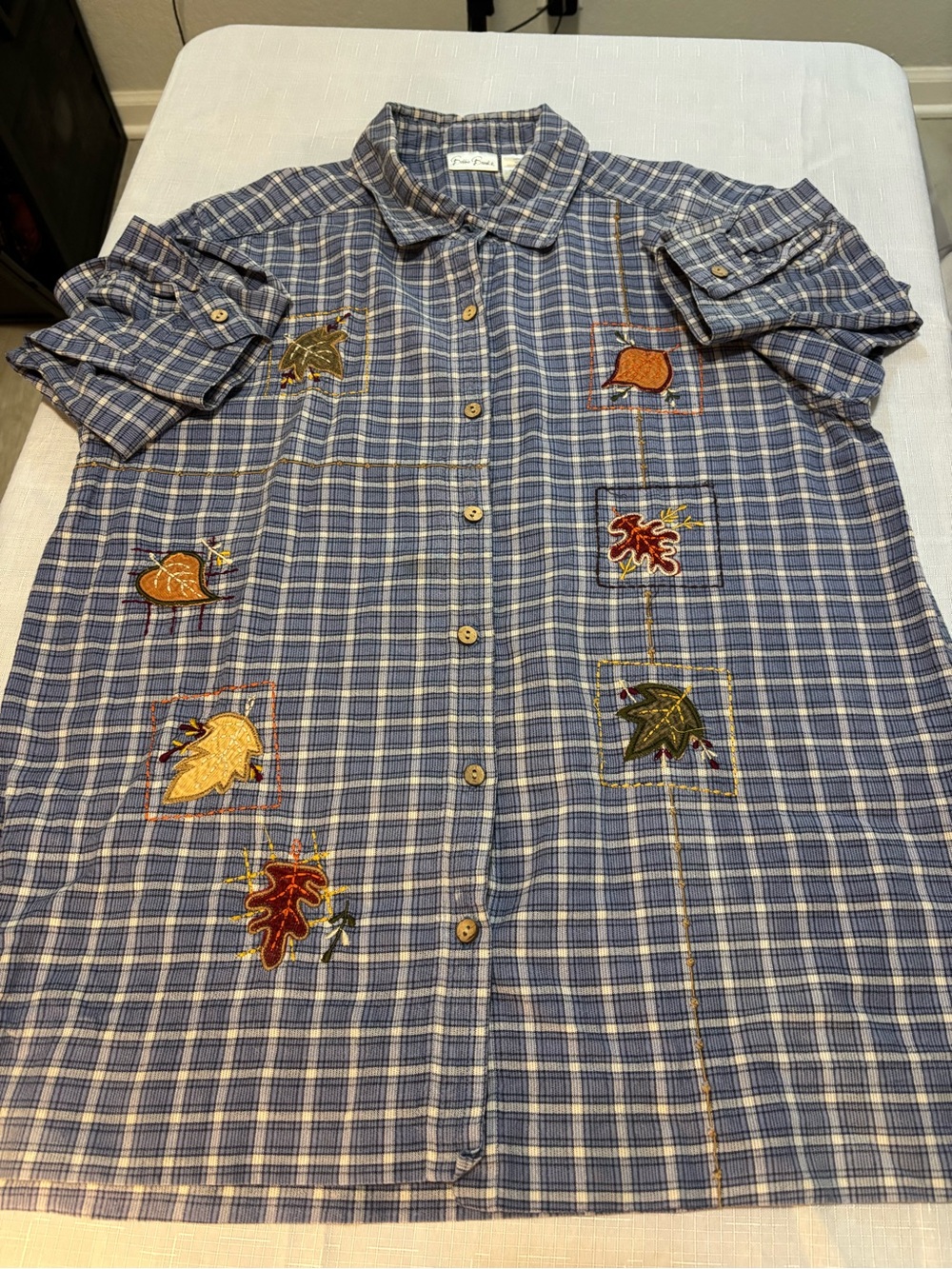 VTG Bobby Brooks Plaid Embroidered Autumn Leaves Blouse L Coastal Boho